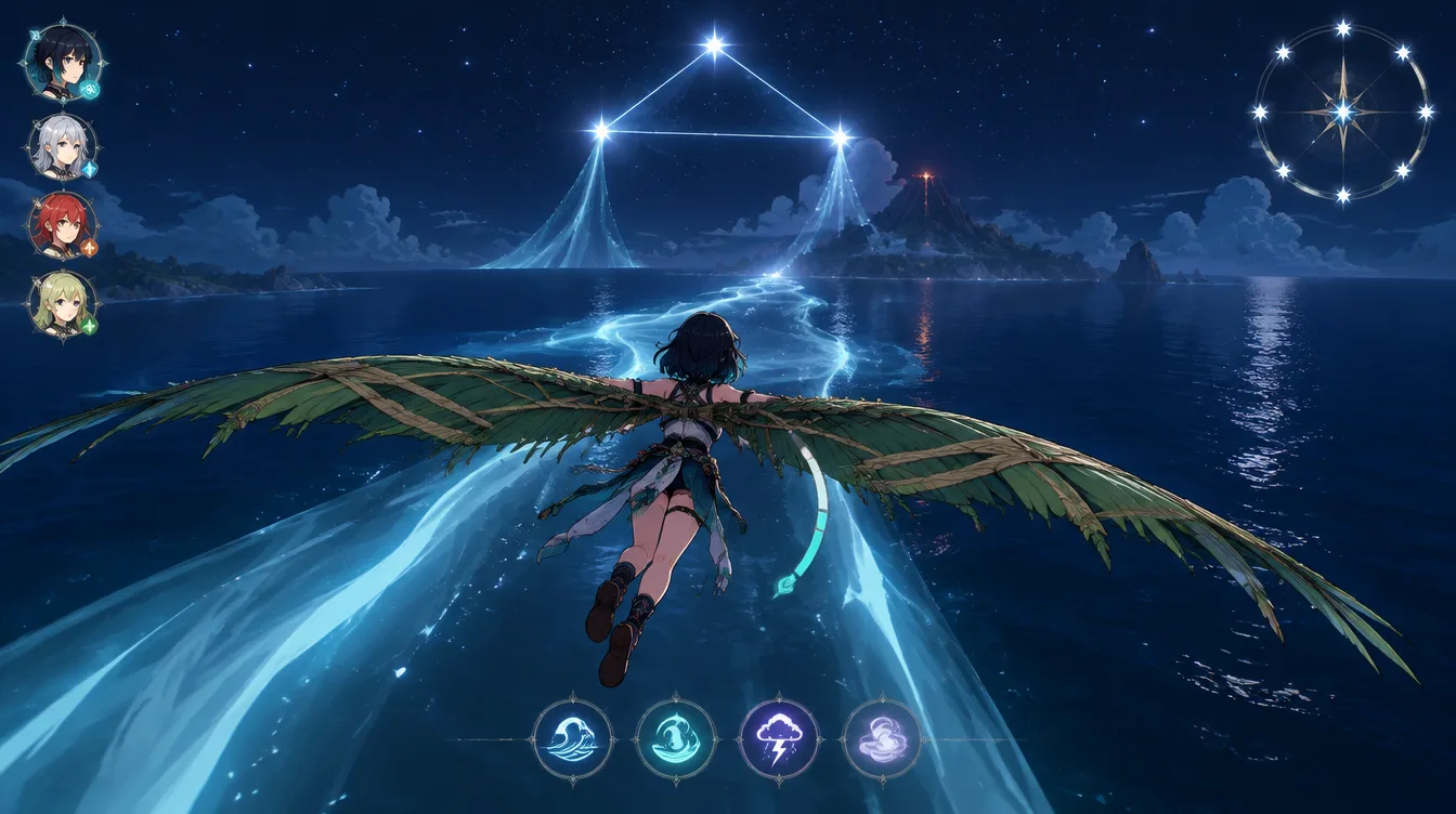 Tangkapan dalam game pada malam hari: Tavita meluncur di atas laut gelap, tiga bintang tersambung jadi segitiga dan menurunkan pita angin bercahaya ke arah pulau gunung api. HUD menampilkan kompas bintang delapan titik, empat potret party, dan empat ikon elemen pasang.